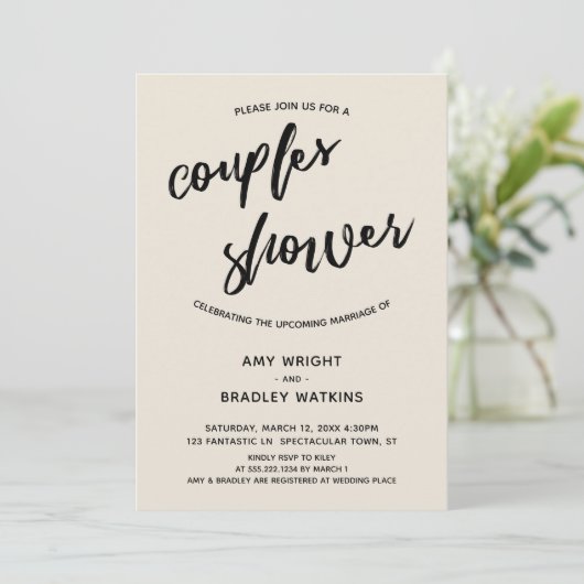 シンプル手書きモダンクリームカップルシャワー 招待状 (スタンド正面)