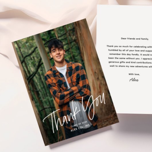シンプル手書きモダン写真卒業 サンキューカード