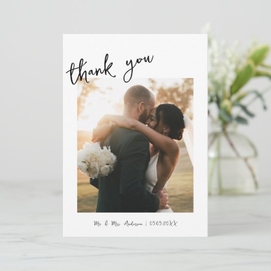 シンプル手書き手書き入力と写結婚真 サンキューカード (スタンド正面)