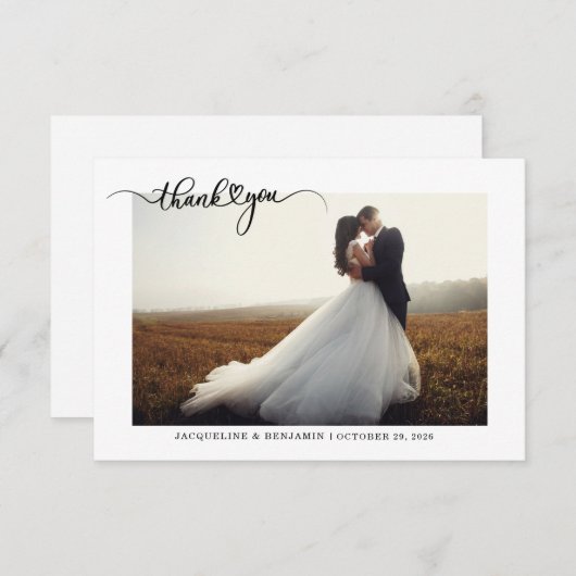 シンプル手書き文字のハートの結婚写真 サンキューカード (正面/裏面)