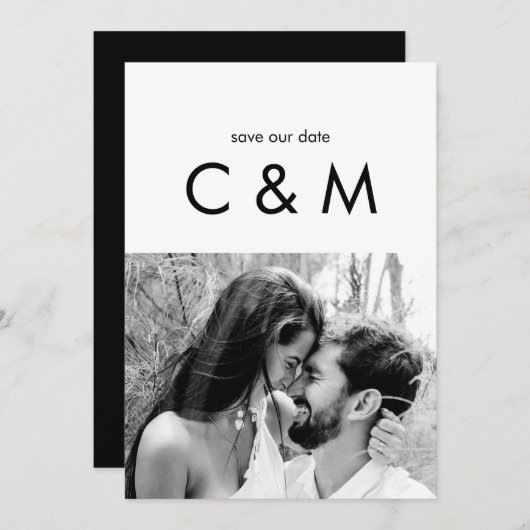 シンプル救コンテンポラリーカップル写真B/Wの日付 セーブザデート (正面/裏面)
