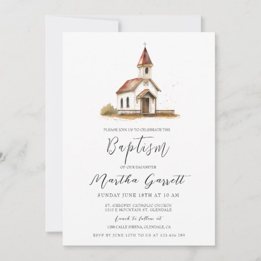 シンプル教会エレガントの女の子の洗礼 招待状 (正面)