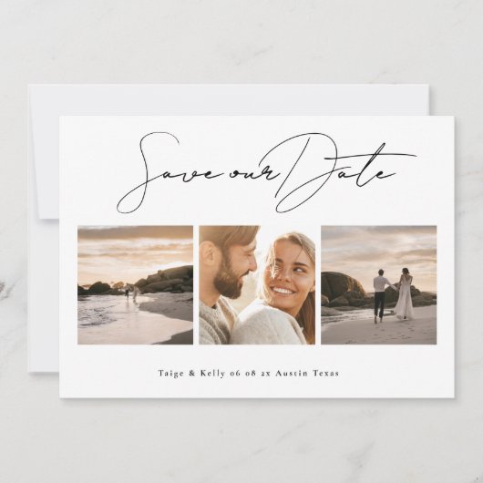 シンプル数々のエレガント写真結婚コラージュ セーブザデート (正面)