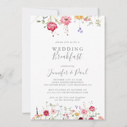 シンプル数々の色ワイルドフラワーの結婚朝食 招待状 (正面)
