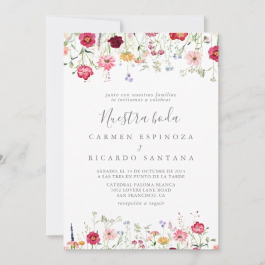 シンプル数々の色ワイルドフラワーヌエストラ結婚ボダ 招待状 (正面)
