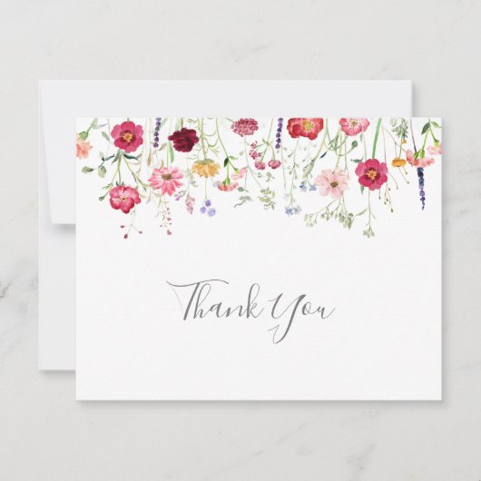 シンプル数々の色ワイルドフラワー結婚フラット サンキューカード (正面)