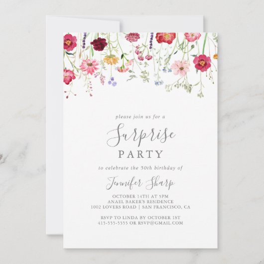 シンプル数々の色ワイルドフラワー驚きパーティー 招待状 (正面)