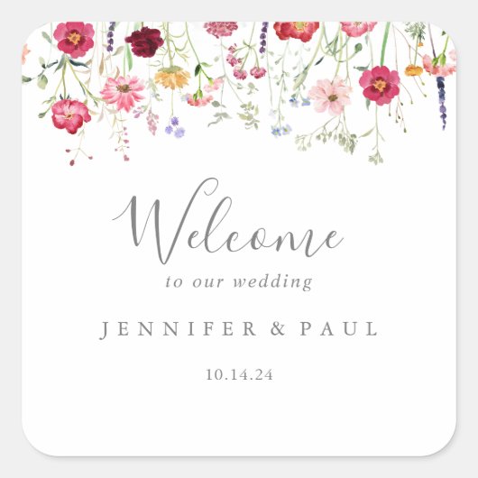 シンプル数々の野の花の結婚歓迎 スクエアシール (正面)