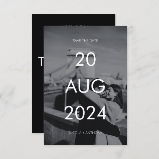 シンプル文字エレガントとフォトウェディング日付を保存 招待状 (正面/裏面)