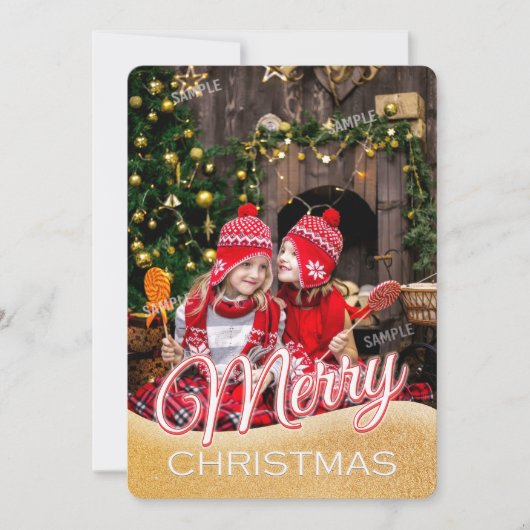 シンプル文字フル赤と白フォトクリスマスカード (正面)