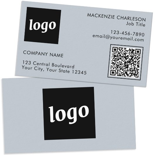 シンプル文字ロゴQRコードパウダーブルー 名刺
