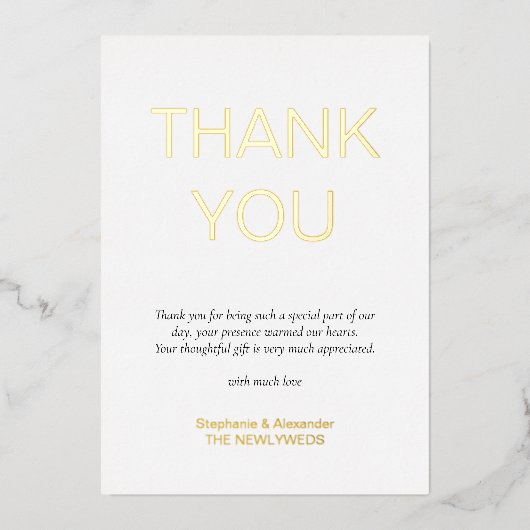 シンプル文字写真結婚有難うご実在ざ 箔招待状 (正面)