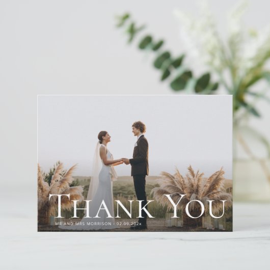 シンプル文字感謝していユー結婚の写真カード サンキューカード (スタンド正面)