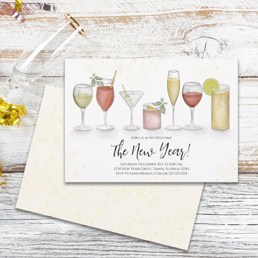 シンプル新年パーティーカクテルドリンク水彩 招待状