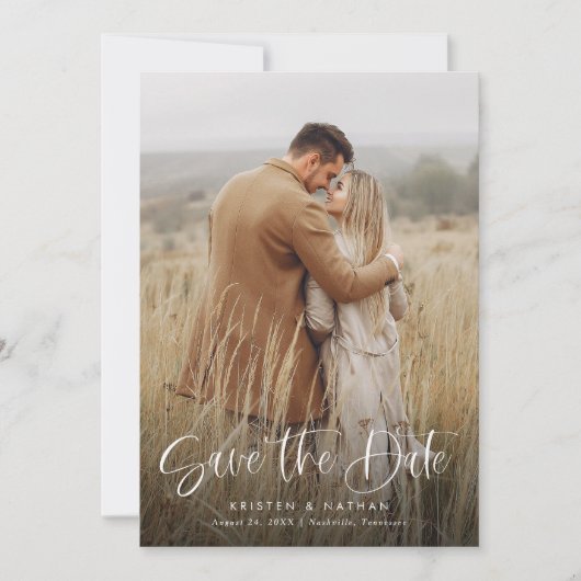 シンプル書エレガントモダン字スクリプトQRコード セーブザデート (正面)