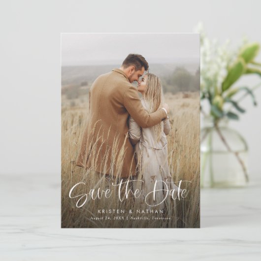 シンプル書エレガントモダン字スクリプトQRコード セーブザデート (スタンド正面)