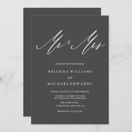 シンプル書エレガント書の御夫妻の結婚書 招待状 (正面/裏面)