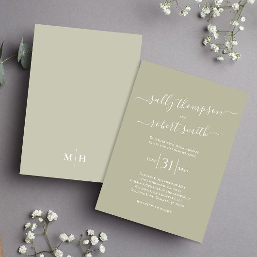 シンプル書エレガント道台本セージ緑 招待状