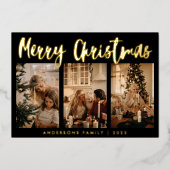 シンプル書ストライプの3枚の写真クリスマス 箔シーズンカード (正面)