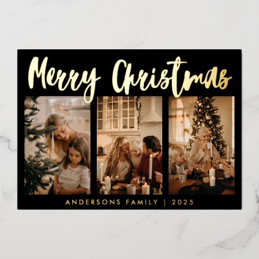 シンプル書ストライプの3枚の写真クリスマス 箔シーズンカード (正面)