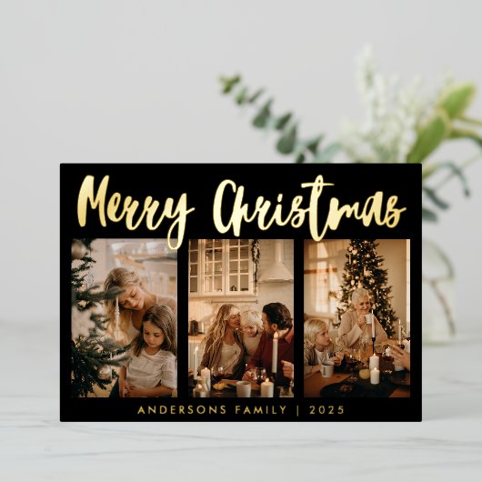 シンプル書ストライプの3枚の写真クリスマス 箔シーズンカード (立ち正面)