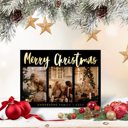 シンプル書ストライプの3枚の写真クリスマス 箔シーズンカード