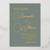シンプル書モダン字スクリプト深いセージ緑 箔招待状 (正面)