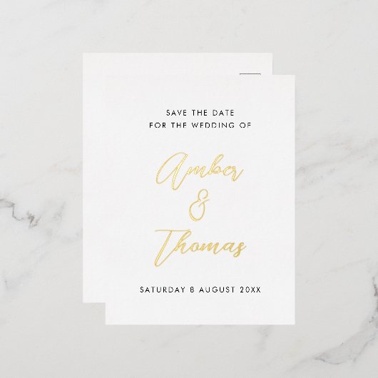 シンプル書モダン書の日付を保存実在金ゴールド 箔招待状ポストカード (正面/裏面)