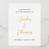 シンプル書モダン書の日付を保存実在金ゴールド 箔招待状ポストカード (正面)