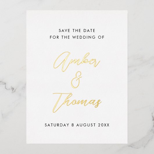 シンプル書モダン書の日付を保存実在金ゴールド 箔招待状ポストカード (正面)