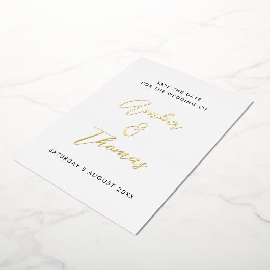 シンプル書モダン書の日付を保存実在金ゴールド 箔招待状 (回転した状態)