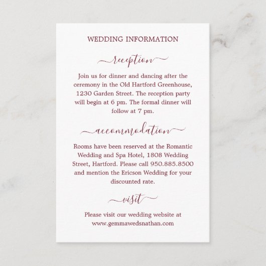 シンプル書モダン道ブルゴーニュ結婚の詳細 エンクロージャーカード (正面)