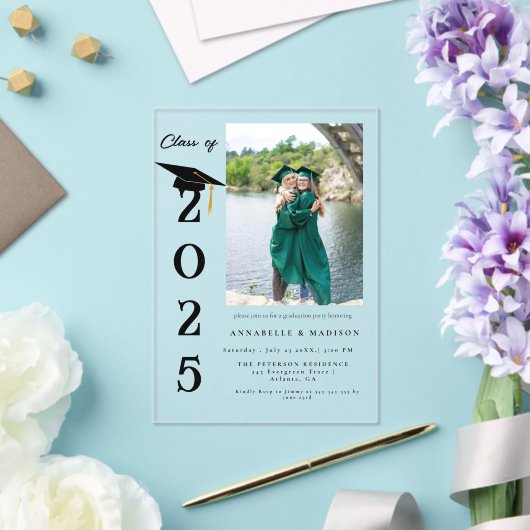 シンプル書モダン道写真ツイン卒業 アクリル招待状 (インサイチュ (ウェディング))