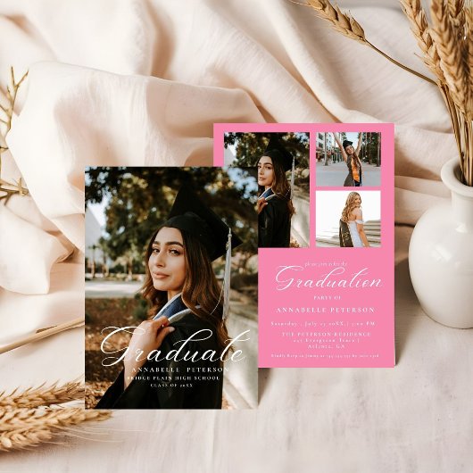 シンプル書モダン道写真ピンク卒業 招待状