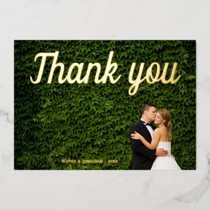 シンプル書結婚の写真サンキューカード 箔シーズンカード