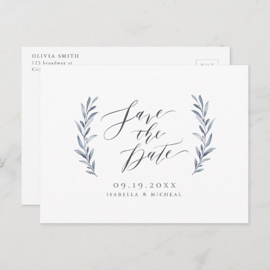 シンプル書道の埃の多い青結婚緑 案内ポストカード (正面/裏面)