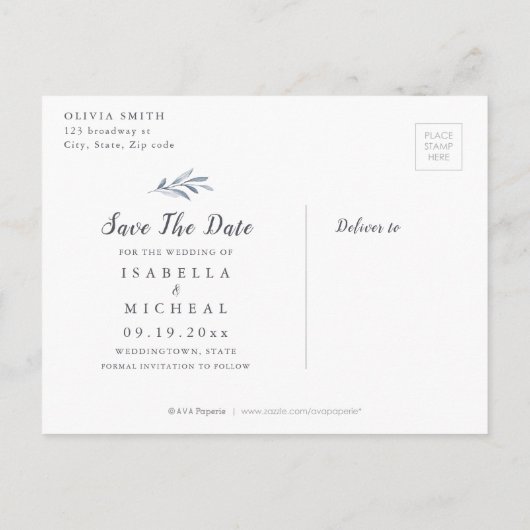 シンプル書道の埃の多い青結婚緑 案内ポストカード (裏面)