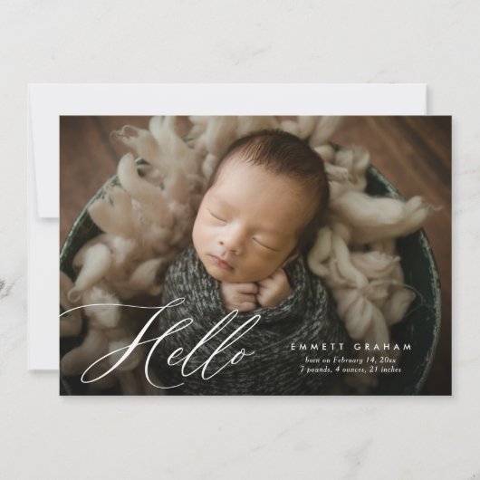 シンプル書道スクリプトHelloフォトベビー誕生 案内状 (正面)