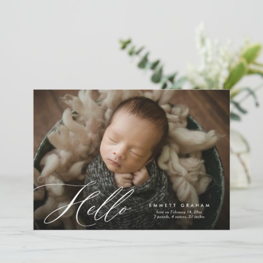 シンプル書道スクリプトHelloフォトベビー誕生 案内状 (スタンド正面)