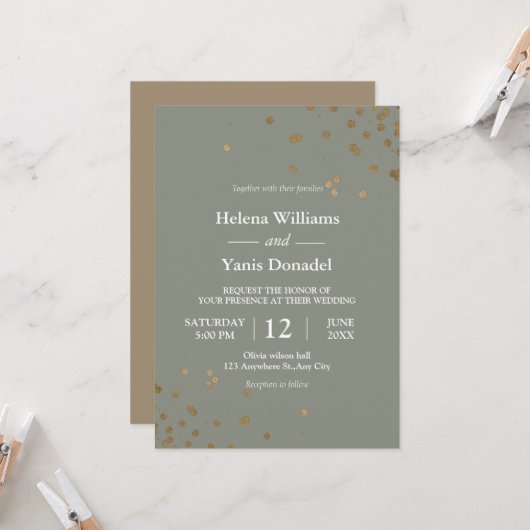 シンプル書道セージ緑と金ゴールド 招待状 (正面/裏面インサイチュ)