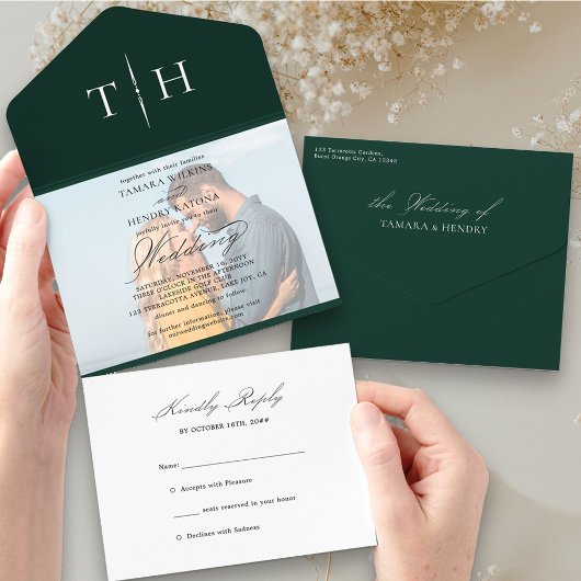 シンプル書道フォトエメラルドRSVP結婚の オールインワン招待状