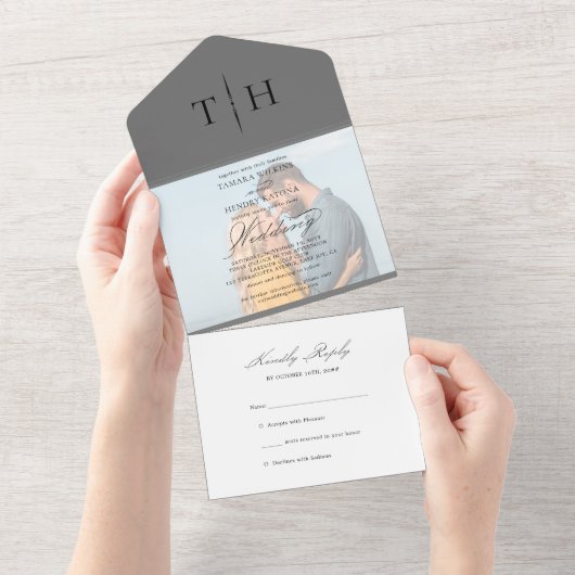 シンプル書道フォトグレーRSVP結婚の オールインワン招待状 (貼ってはがせる)