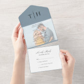 シンプル書道フォトダスティブルーRSVP結婚の オールインワン招待状 (貼ってはがせる)