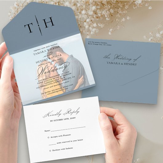 シンプル書道フォトダスティブルーRSVP結婚の オールインワン招待状