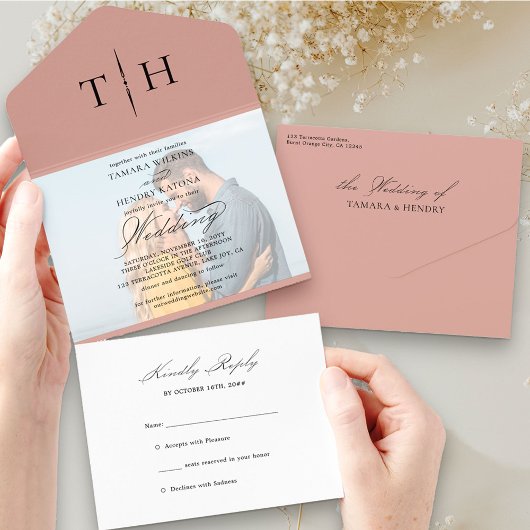 シンプル書道フォトバラ金ゴールドRSVP結婚の オールインワン招待状