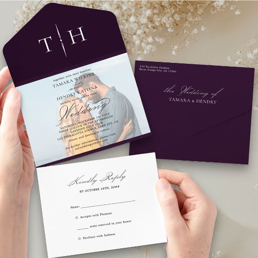 シンプル書道フォトパープルRSVP結婚の オールインワン招待状