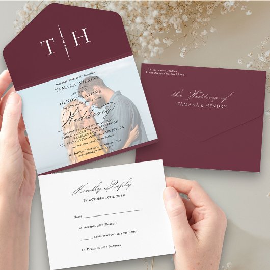 シンプル書道フォトブルゴーニュRSVP結婚の全て オールインワン招待状