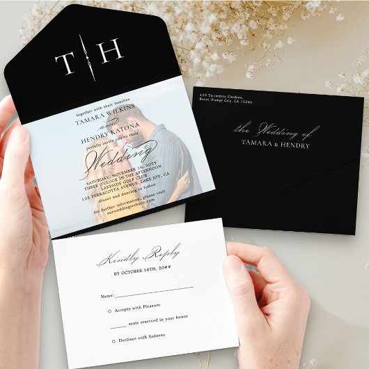 シンプル書道フォト白黒RSVP結婚の オールインワン招待状