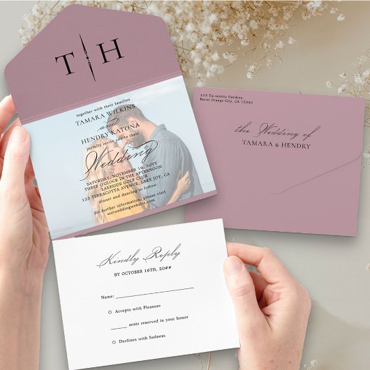 シンプル書道写真ほこりっぽいバラRSVP結婚's オールインワン招待状