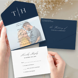 シンプル書道写真ネイビーブルーRSVP結婚のAl オールインワン招待状